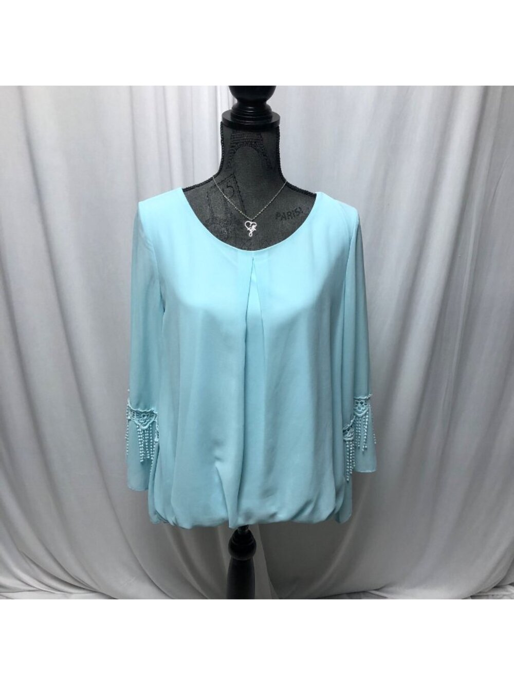 AGB Blouse Womens Size Medium Light Blue Lined Long Sleeve Fringed Flare Sleeves